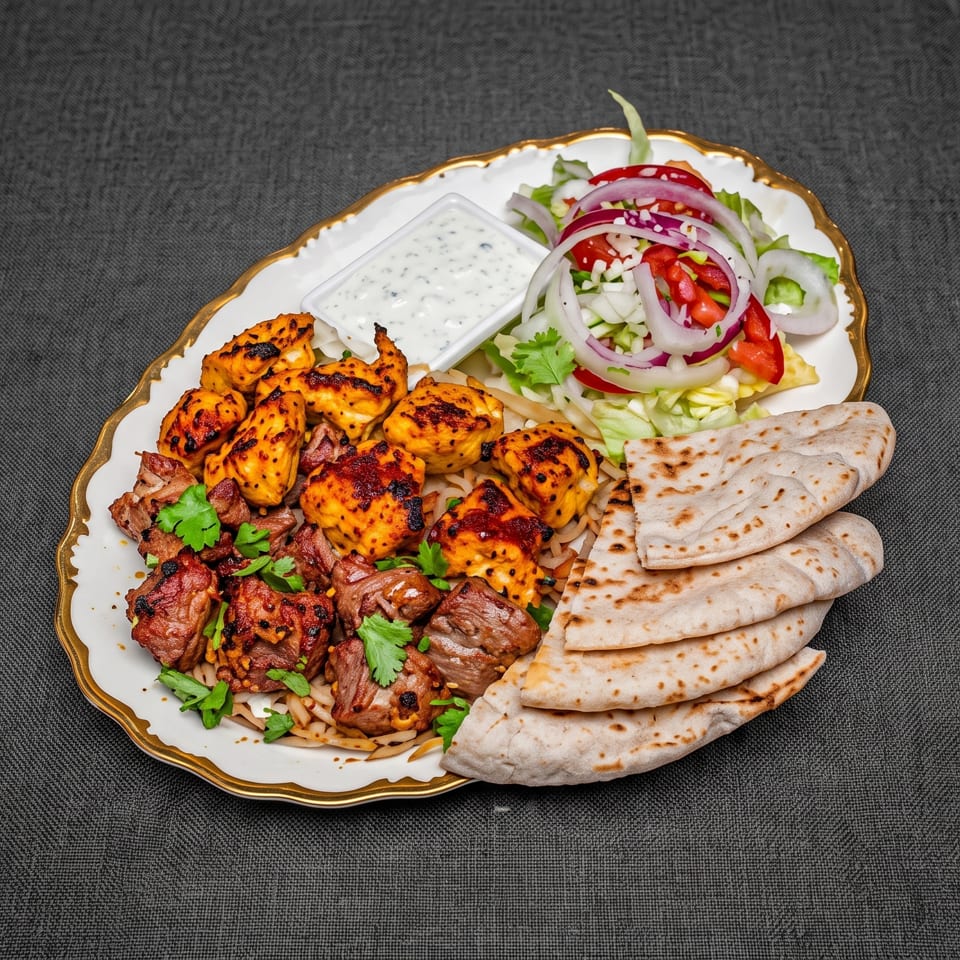 A platter of grilled chicken and beef kebabs with salad, flatbread, and a white dipping sauce.