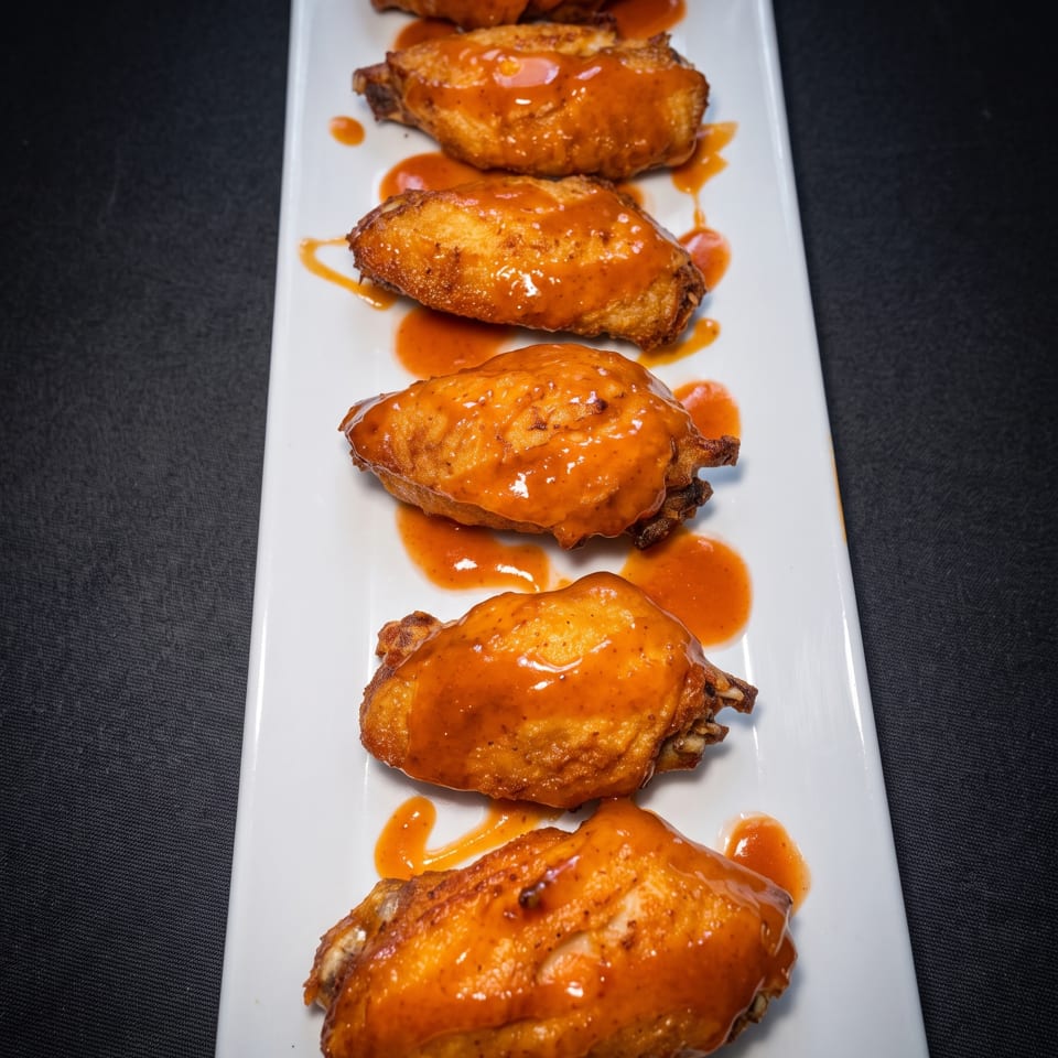 Six crispy chicken wings coated in a vibrant orange sauce, artfully arranged on a white rectangular plate.