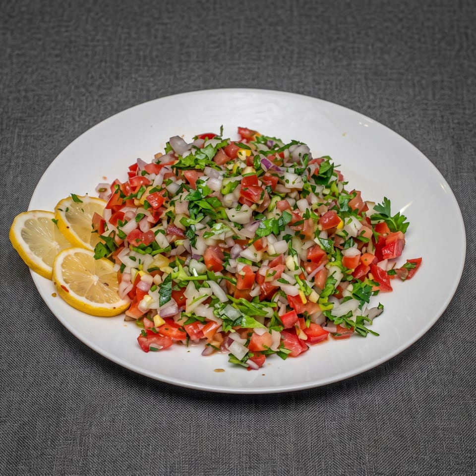 A white plate holds a vibrant salad of diced tomatoes, onions, and parsley, garnished with lemon slices.