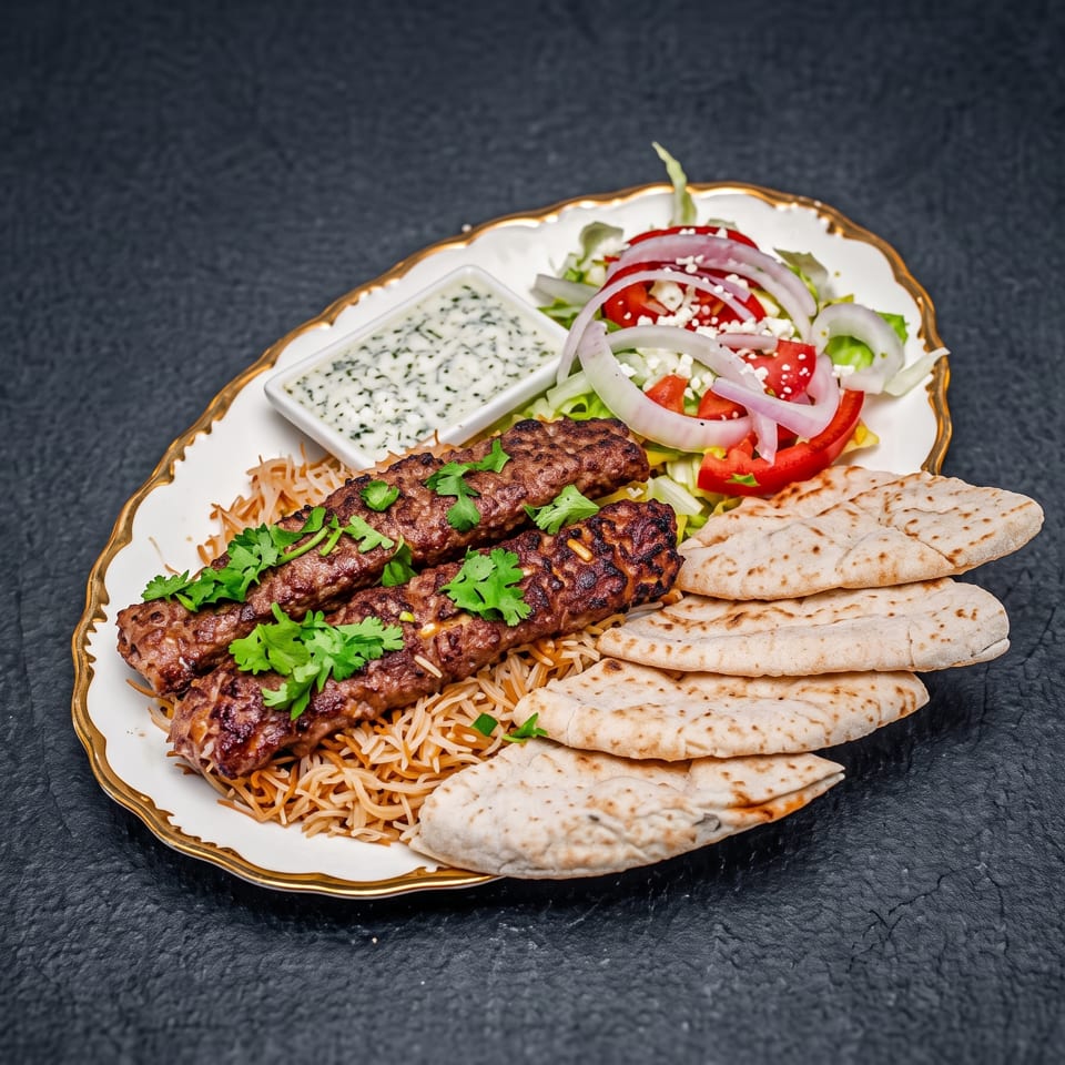 Grilled kebab skewers with rice, pita bread, salad, and a white dipping sauce on a decorative plate.