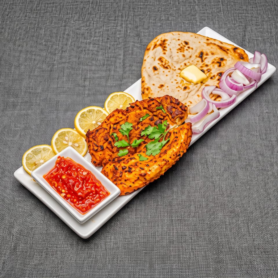 Tandoori chicken with naan, lemon slices, red onion, and chili sauce on a white platter.